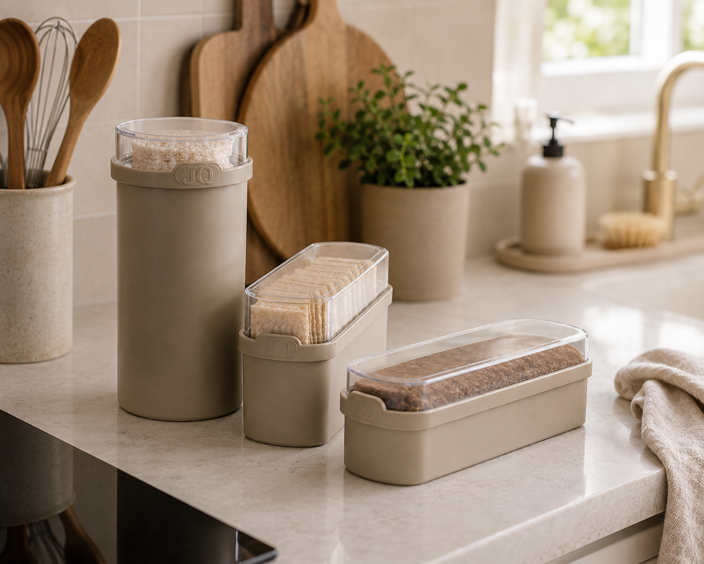 JQ voordeelset 3 Stuks beige - Ontbijtkoek, beschuit en cracker bewaardoos